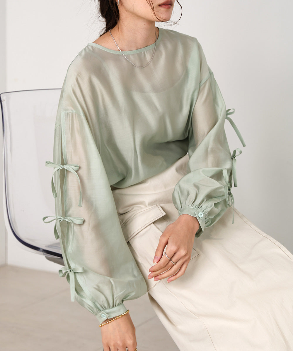 SLEEVE RIBBON SHEER BLOUSE