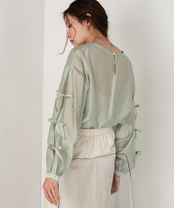 SLEEVE RIBBON SHEER BLOUSE