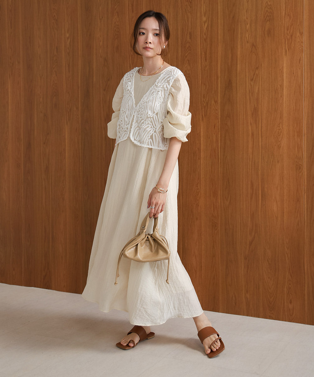 BATTEN LACE VEST + GATHERED SLEEVE DRESS SET