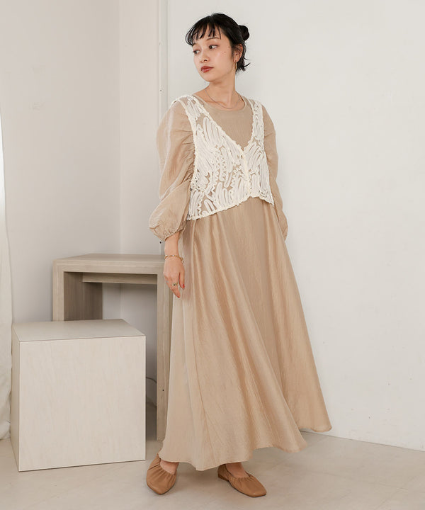 BATTEN LACE VEST + GATHERED SLEEVE DRESS SET