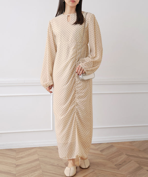 SHEER DOT GATHERED SLIT ONEPIECE
