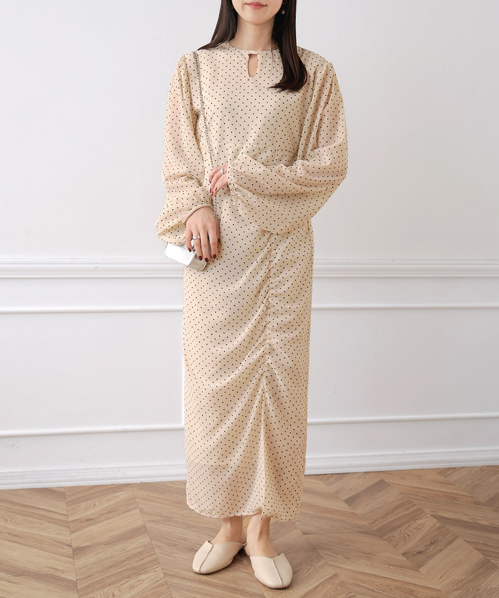 SHEER DOT GATHERED SLIT ONEPIECE