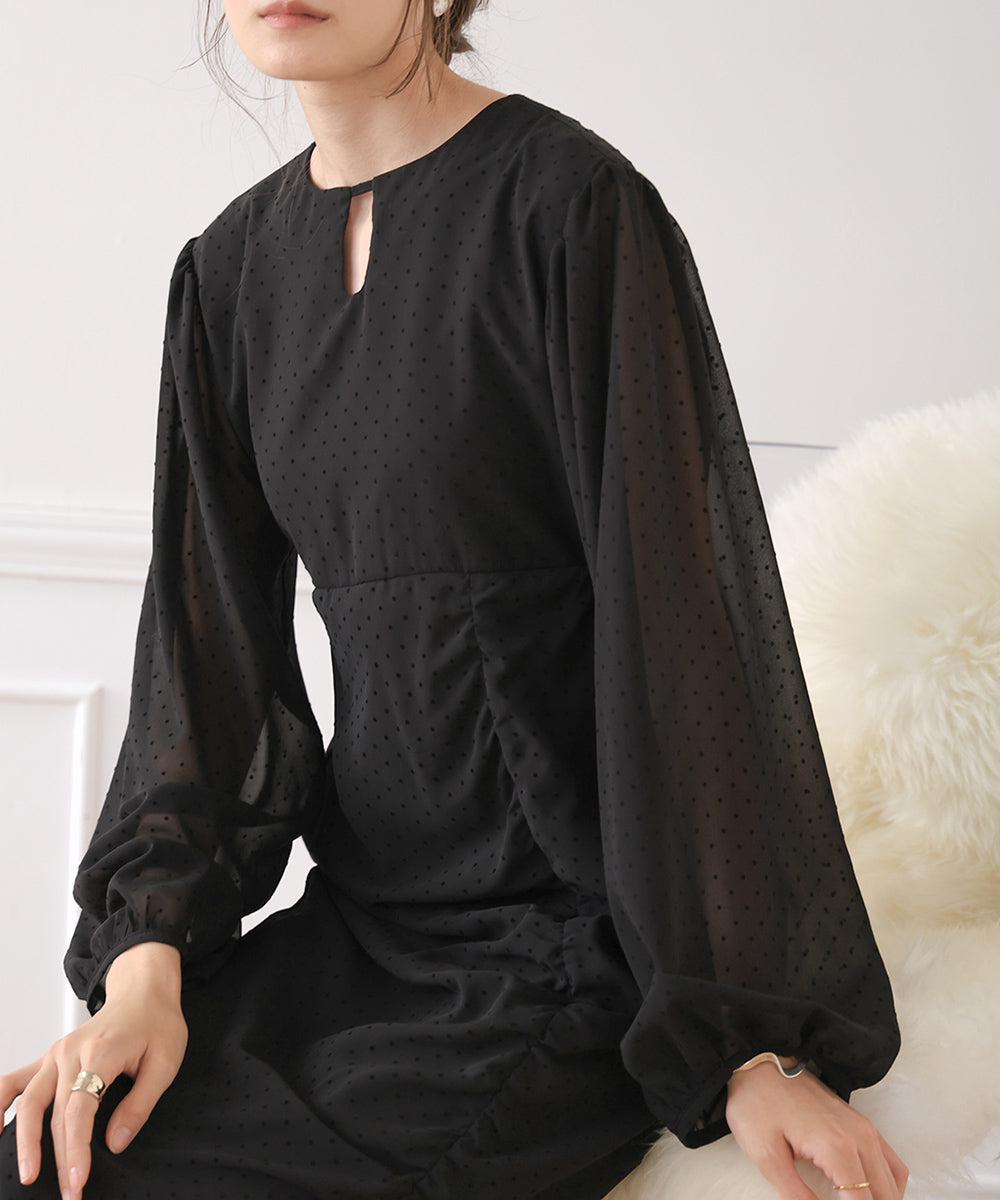 SHEER DOT GATHERED SLIT ONEPIECE