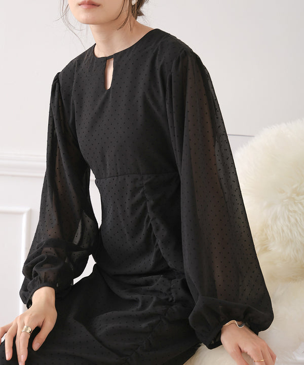 SHEER DOT GATHERED SLIT ONEPIECE