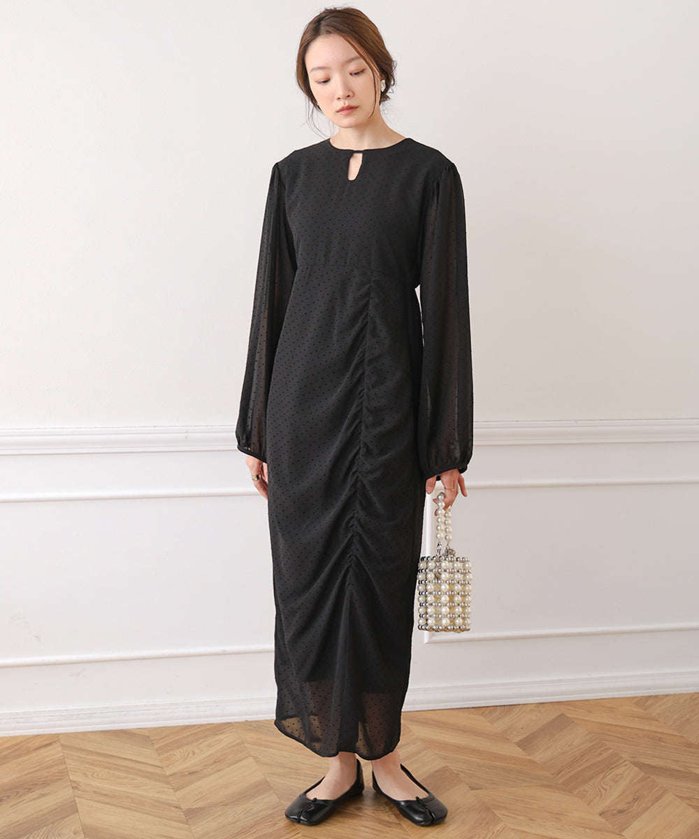 SHEER DOT GATHERED SLIT ONEPIECE