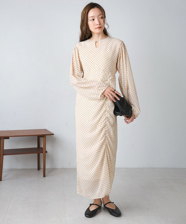 SHEER DOT GATHERED SLIT ONEPIECE