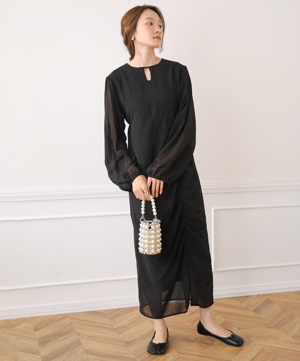 SHEER DOT GATHERED SLIT ONEPIECE