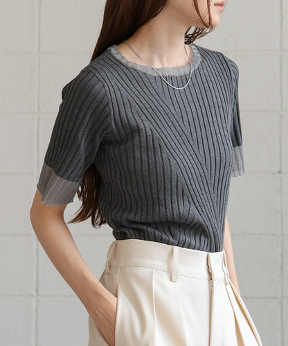 sheer half sleeve rib knit tops