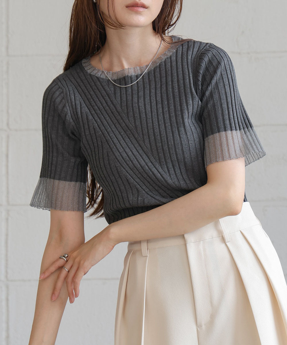 sheer half sleeve rib knit tops