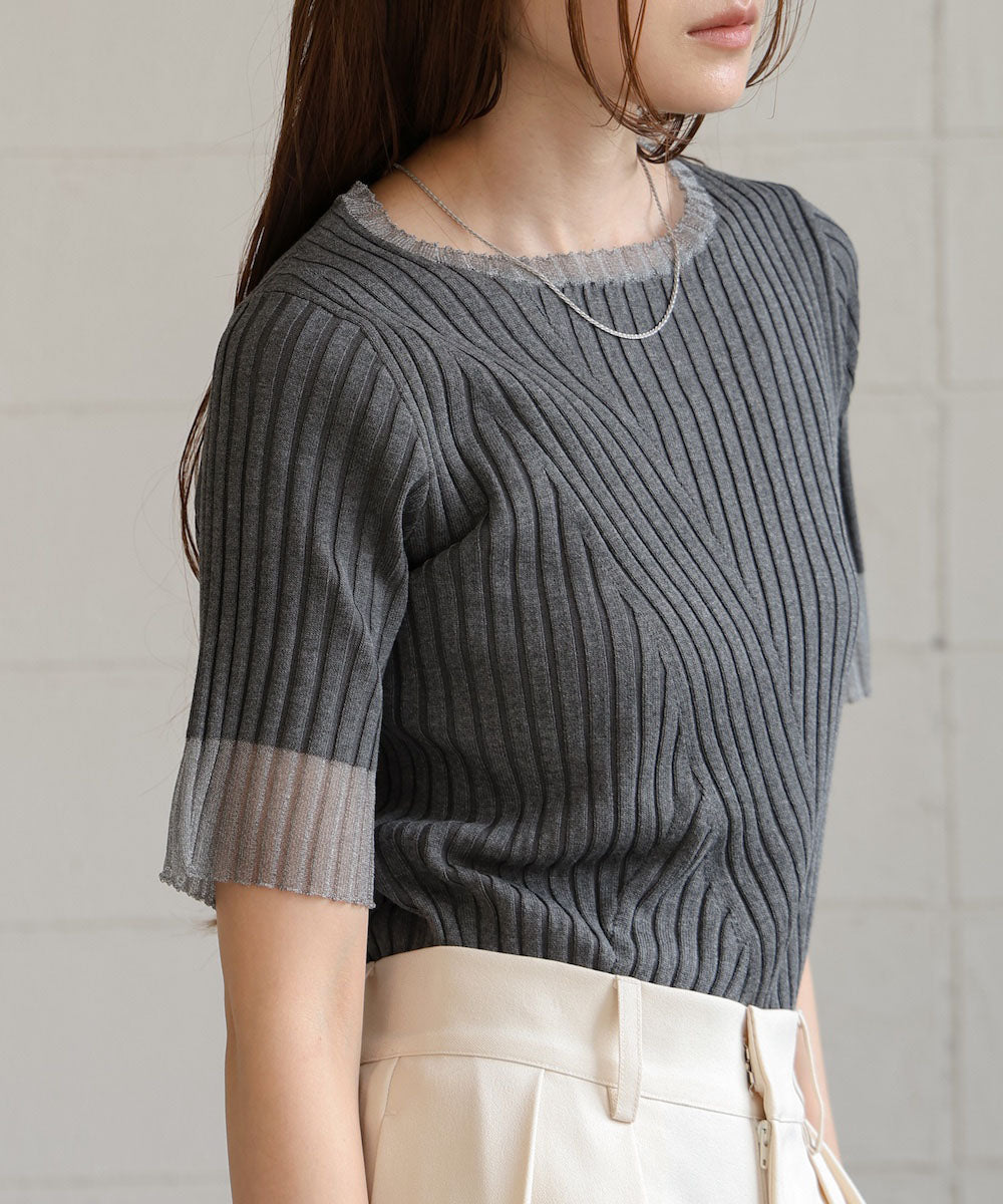 sheer half sleeve rib knit tops