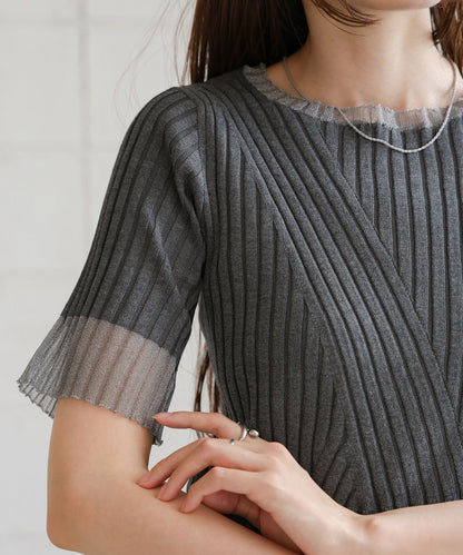 sheer half sleeve rib knit tops