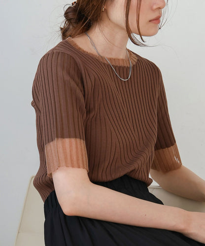 sheer half sleeve rib knit tops