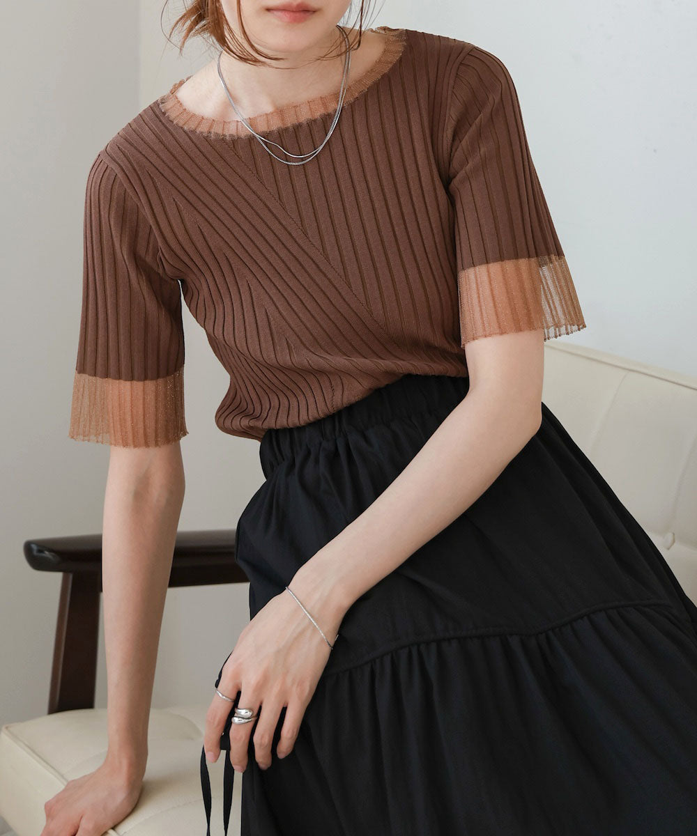 sheer half sleeve rib knit tops