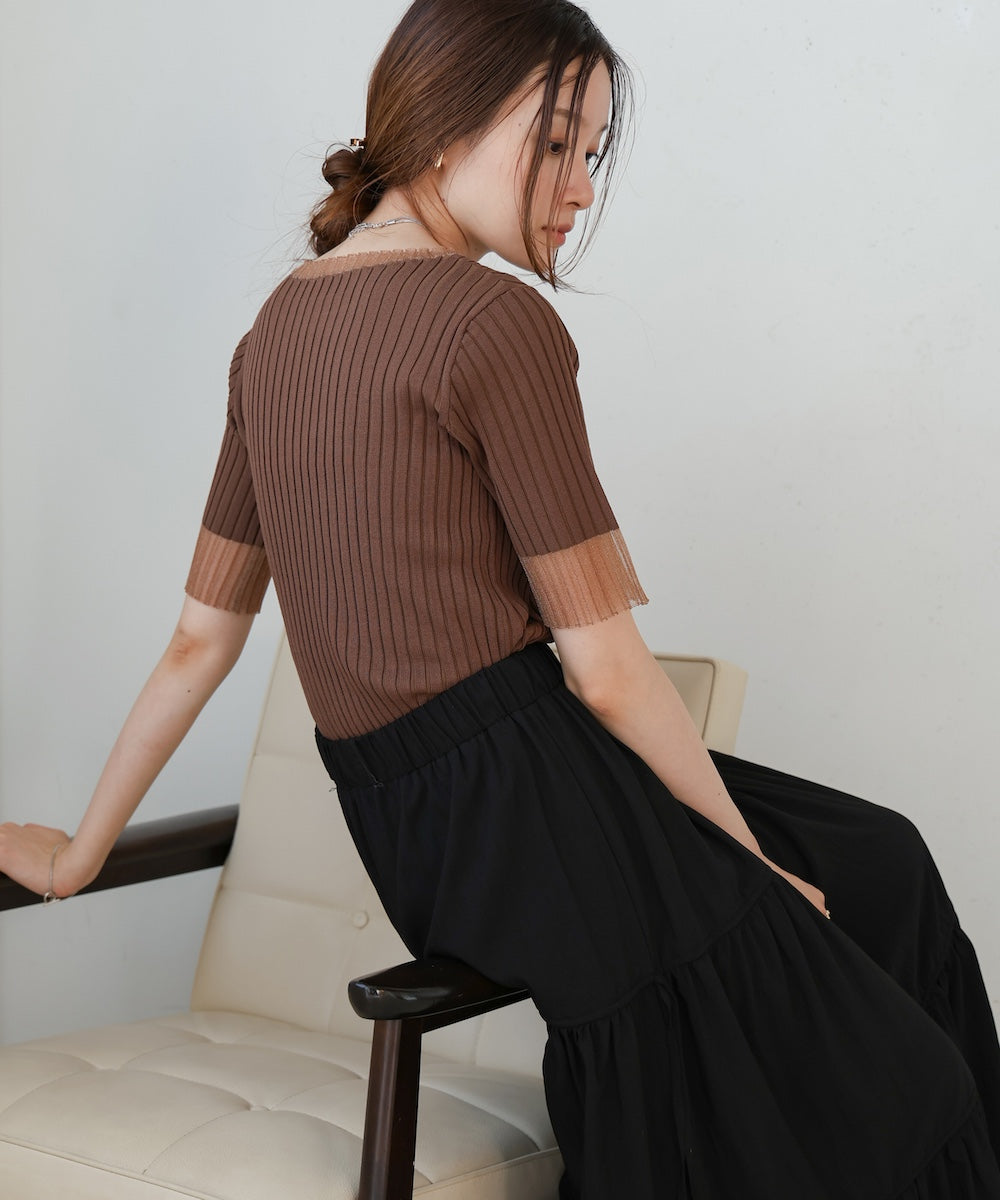 sheer half sleeve rib knit tops