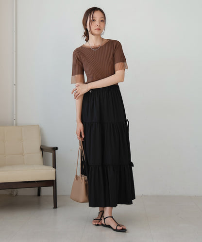 sheer half sleeve rib knit tops