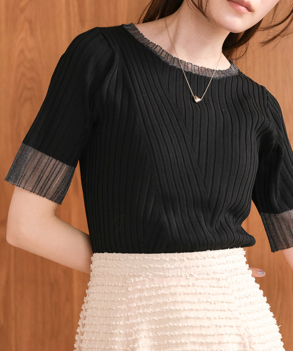 シアー使い５分袖リブニットトップス