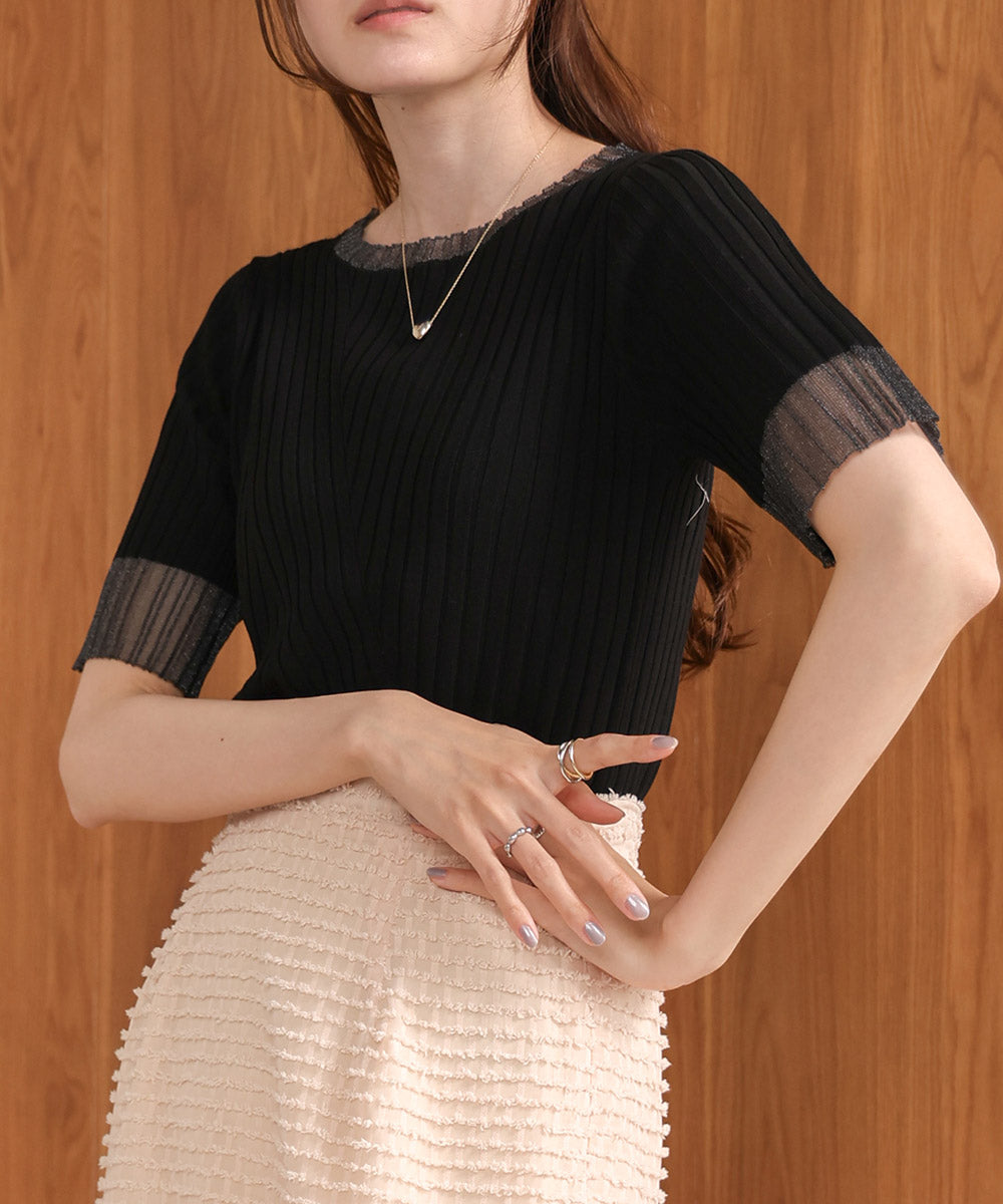 シアー使い５分袖リブニットトップス