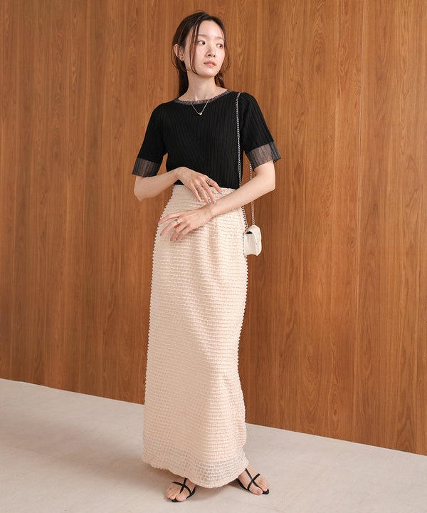 シアー使い５分袖リブニットトップス