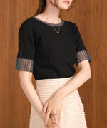 シアー使い５分袖リブニットトップス