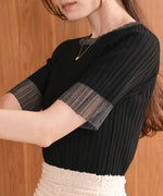 シアー使い５分袖リブニットトップス