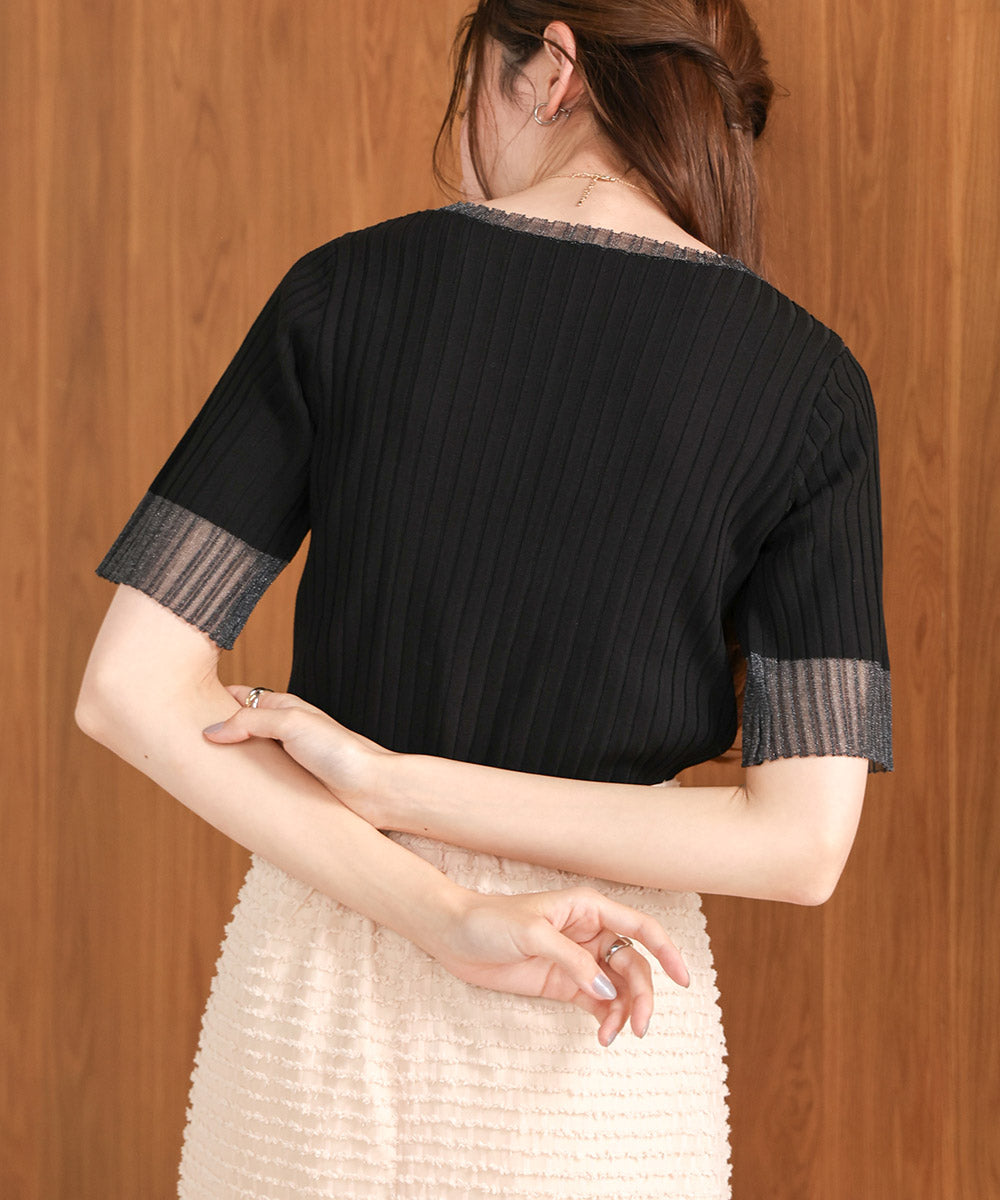 シアー使い５分袖リブニットトップス