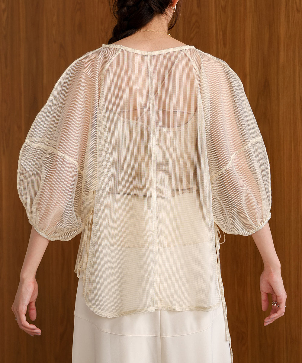 SHEER CHECK LANTERN SLEEVE BLOUSE