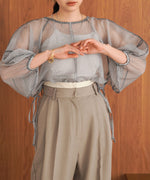 SHEER CHECK LANTERN SLEEVE BLOUSE