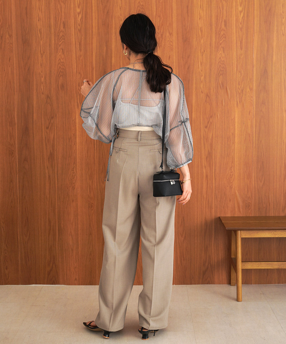 SHEER CHECK LANTERN SLEEVE BLOUSE