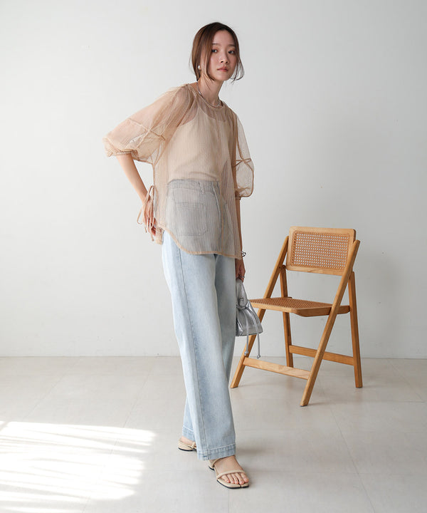 SHEER CHECK LANTERN SLEEVE BLOUSE