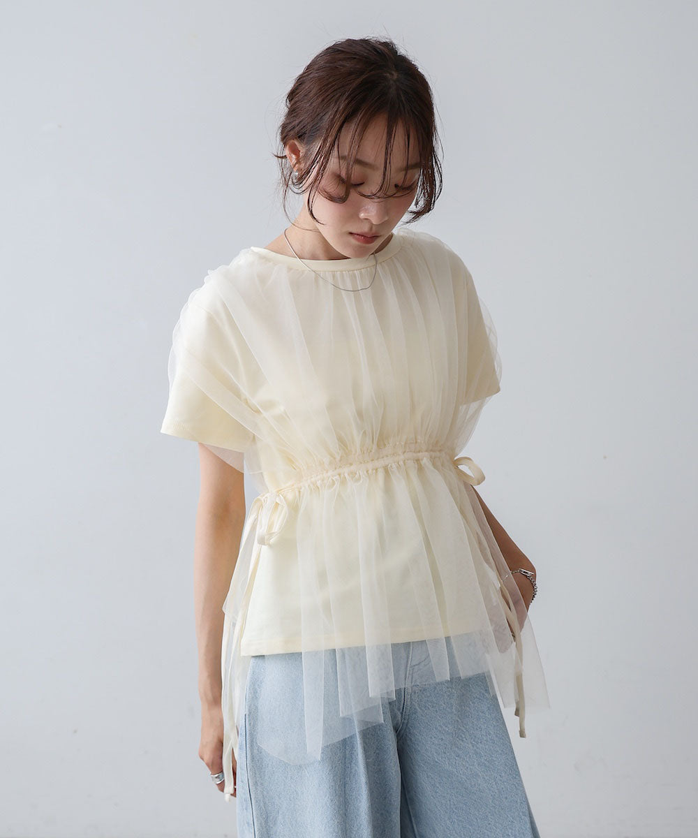 チュールドッキングギャザーカットソー