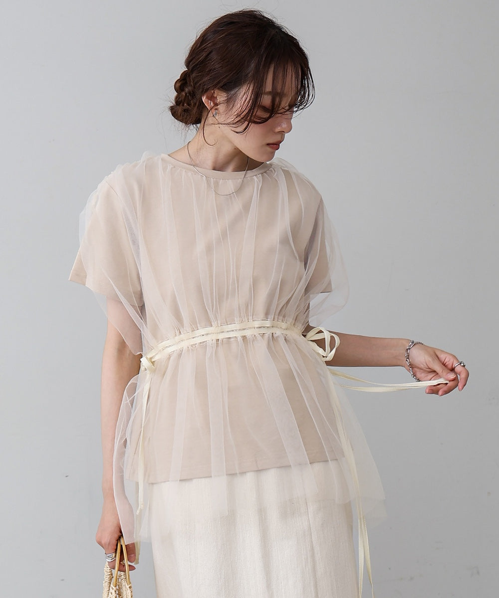 チュールドッキングギャザーカットソー