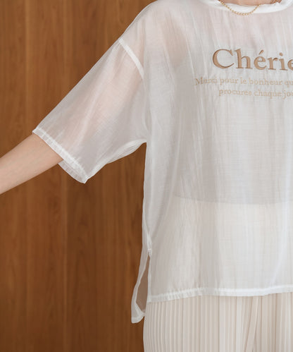 embroidered logo sheer blouse t-shirt