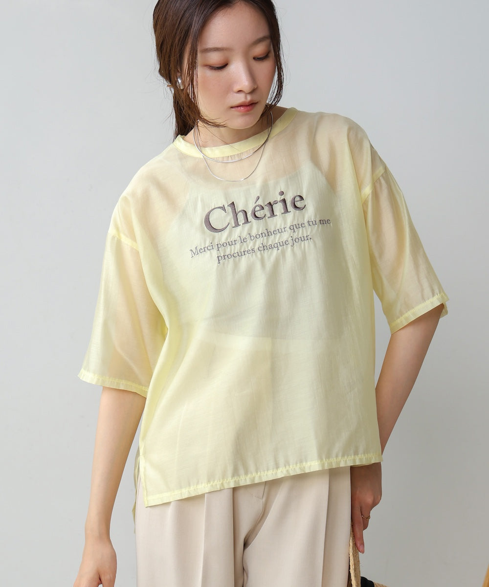 embroidered logo sheer blouse t-shirt