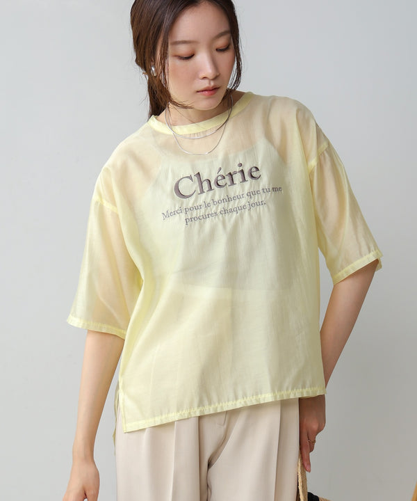embroidered logo sheer blouse t-shirt