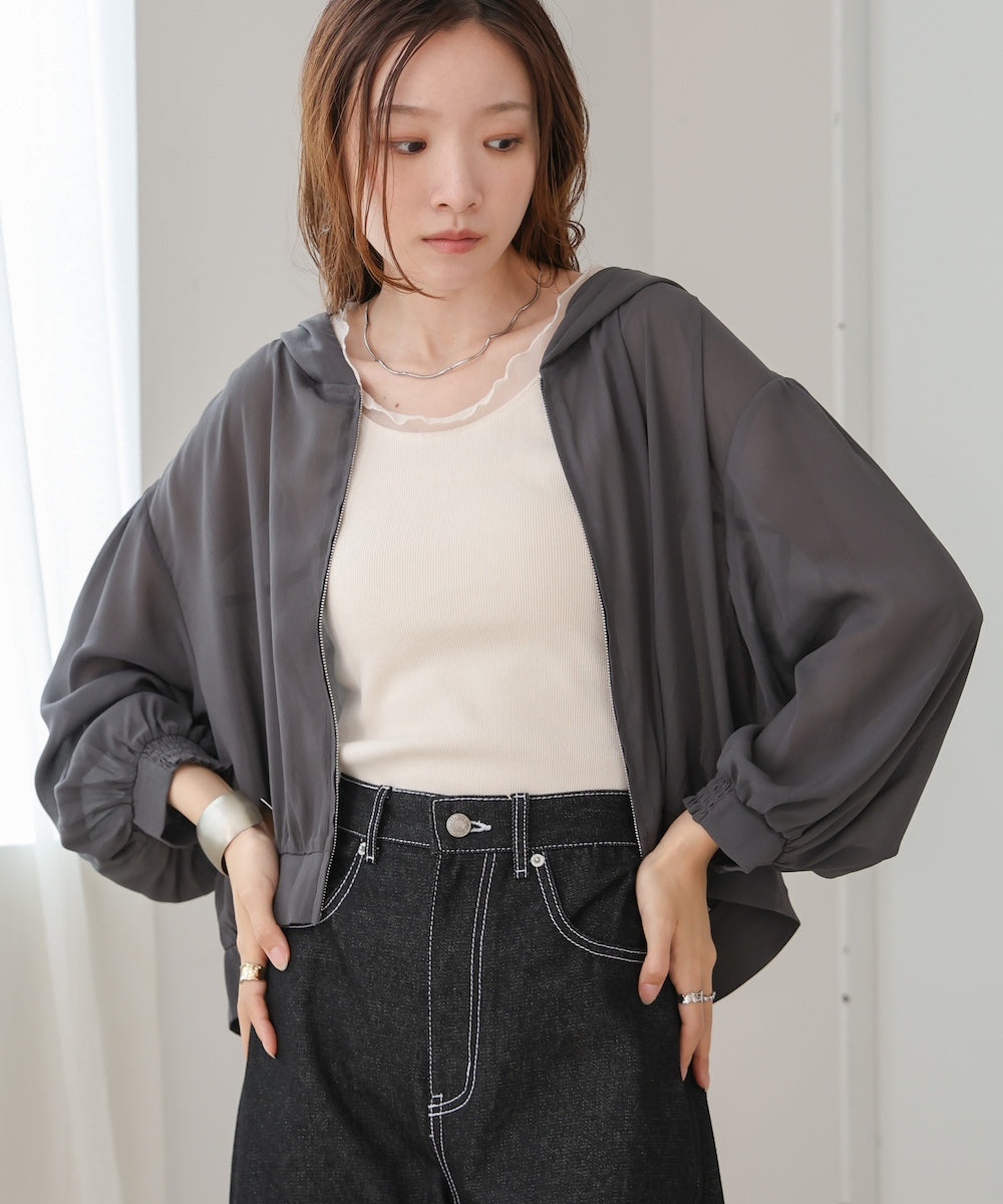 zip sheer blouson with hood