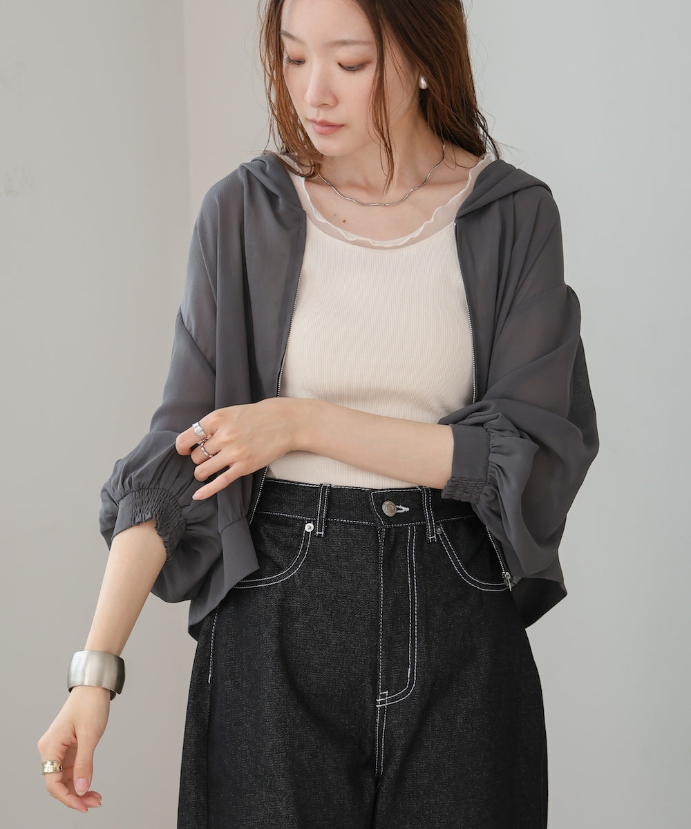 zip sheer blouson with hood