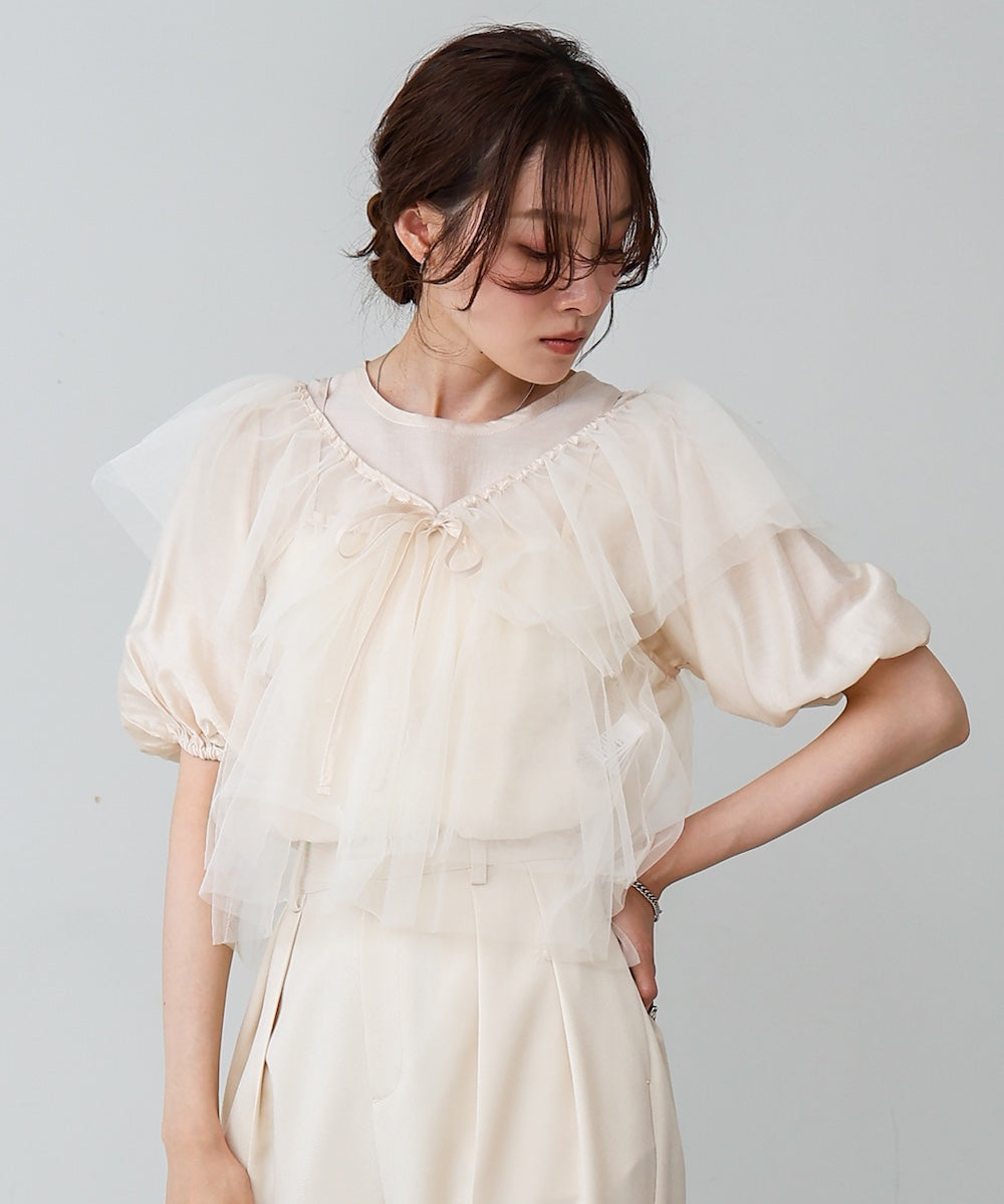 【2点セット】チュールビスチェ＋ボリュームスリーブブラウスセット