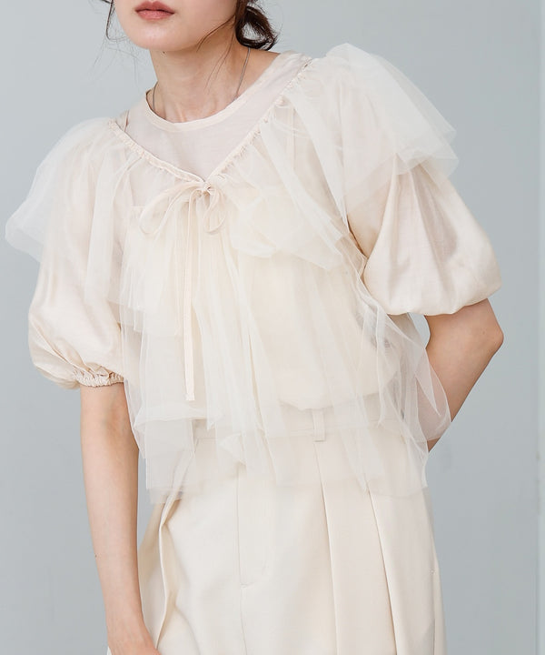 【2点セット】チュールビスチェ＋ボリュームスリーブブラウスセット
