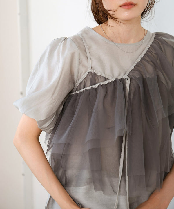【2点セット】チュールビスチェ＋ボリュームスリーブブラウスセット