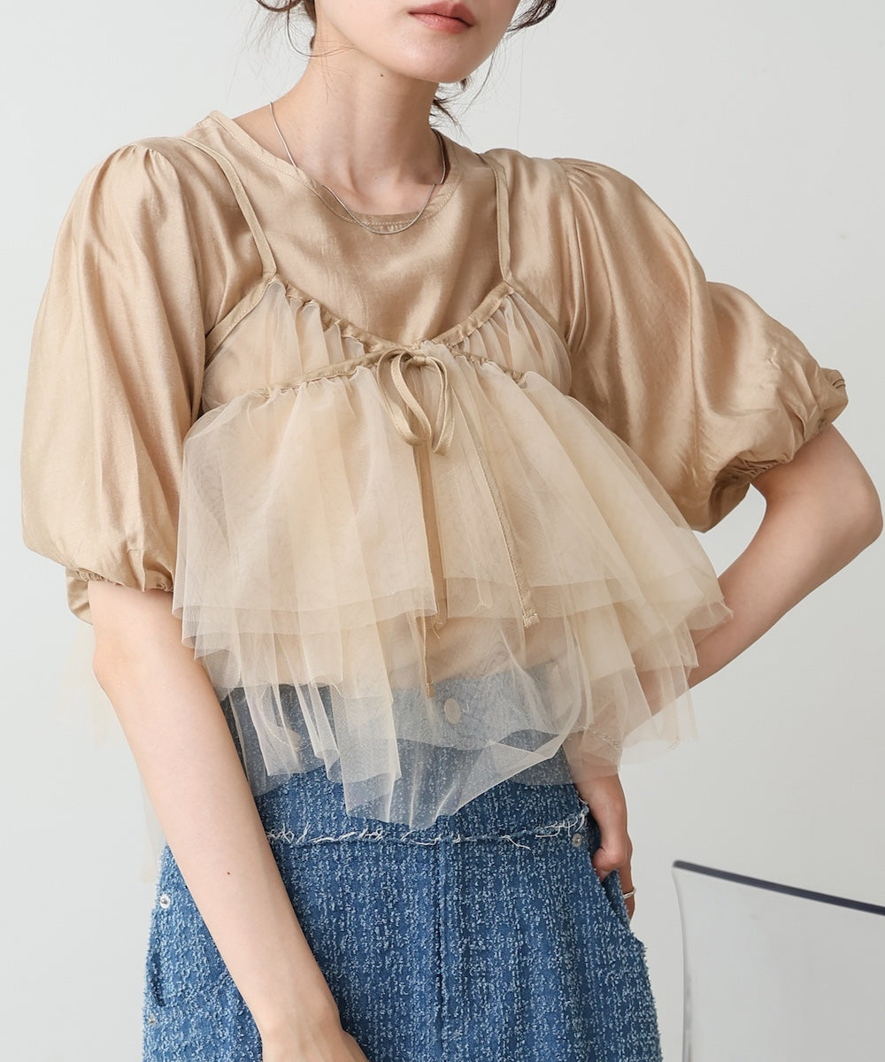 【2点セット】チュールビスチェ＋ボリュームスリーブブラウスセット