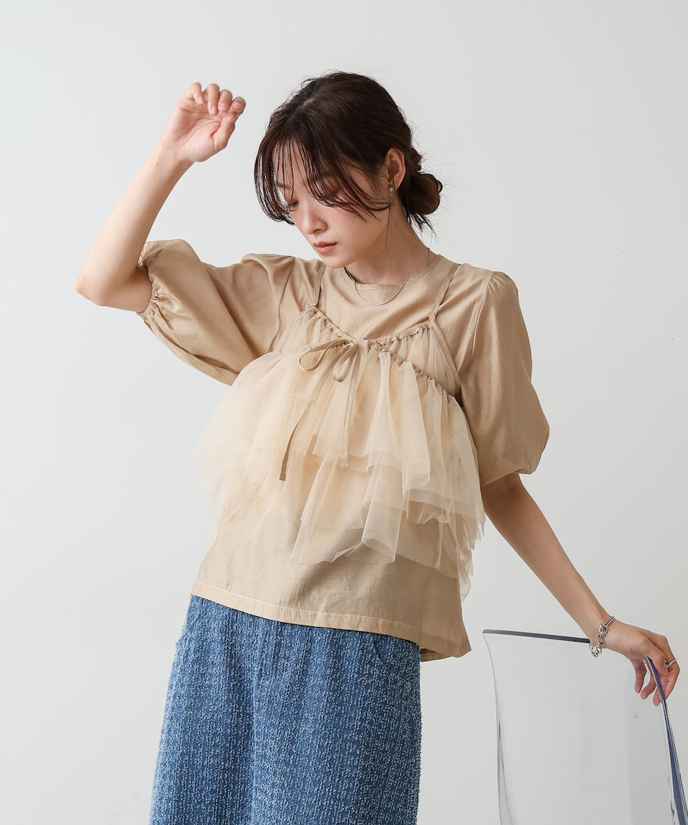 【2点セット】チュールビスチェ＋ボリュームスリーブブラウスセット