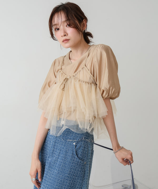 【2点セット】チュールビスチェ＋ボリュームスリーブブラウスセット