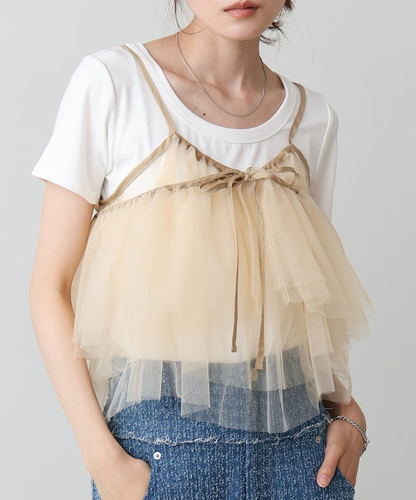 【2点セット】チュールビスチェ＋ボリュームスリーブブラウスセット