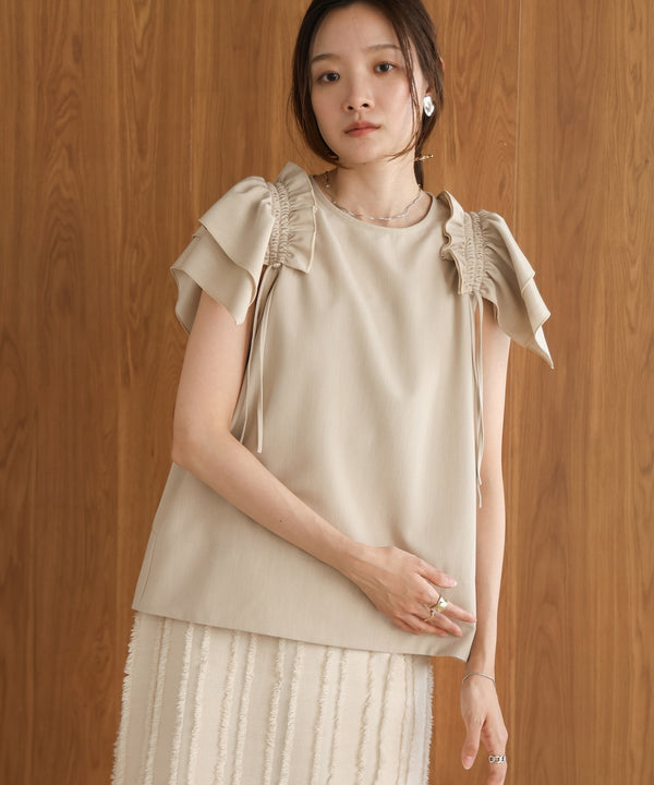 denim-like gathered blouse