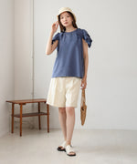denim-like gathered blouse