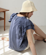 denim-like gathered blouse