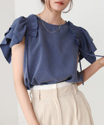 denim-like gathered blouse