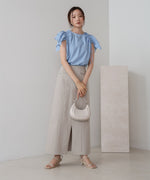 denim-like gathered blouse