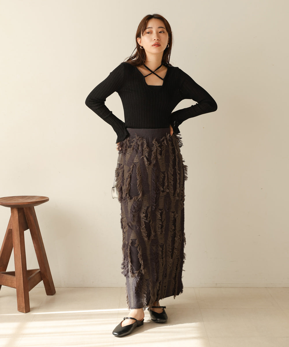 mix fringe knit skirt