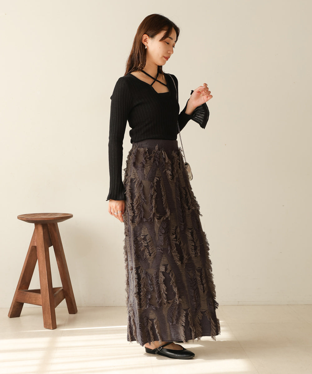 mix fringe knit skirt